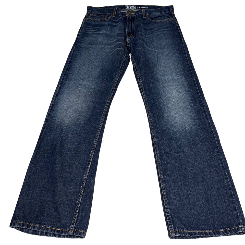 Signature by Levi Strauss Slim Straight Mens 36 34 Blue Jeans Denim Whiskered